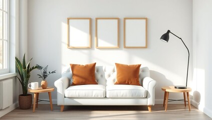 Naklejka premium Bright and airy living room with white sofa and modern floor lamp