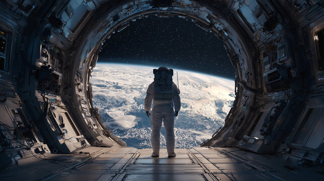 An astronaut standing inside a futuristic spaceship, gazing out a large window into deep space. Sci-fi atmosphere with cosmic light and exploration mood.