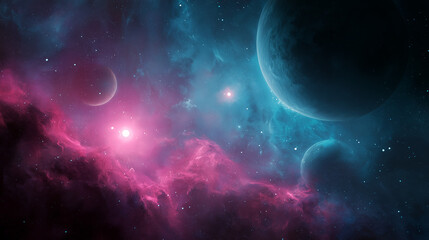 A stunning cosmic scene with glowing nebula, vibrant planets, and deep space colors, creating a dreamy sci-fi atmosphere full of wonder and celestial beauty.