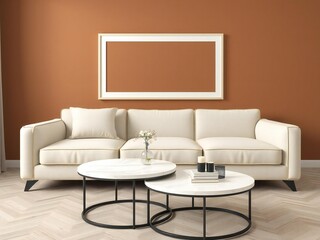 Modern living room with a comfortable cream sofa and two round marble coffee tables