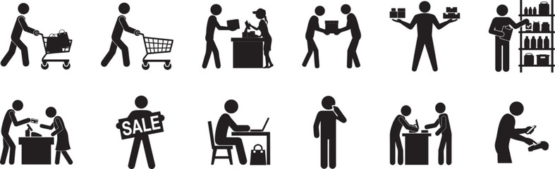 Retail Shopping Stickman Silhouette Icon Set | Cart, Checkout, Delivery, Online Shopping