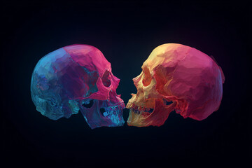 Two stylized skulls rendered in vibrant pink and blue hues face each other in a digitally created art piece
