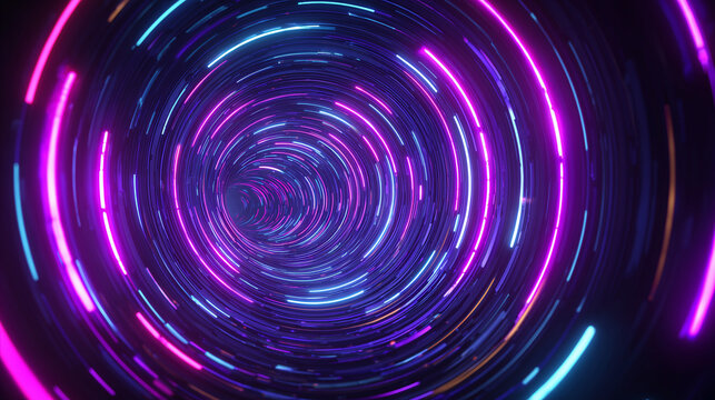 A glowing futuristic circular tunnel with neon lights and deep perspective, creating a sci-fi atmosphere and immersive modern energy.