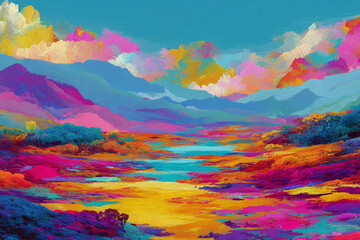 A vibrant abstract landscape painting featuring colorful mountains clouds and a shimmering river reflecting the vivid sky