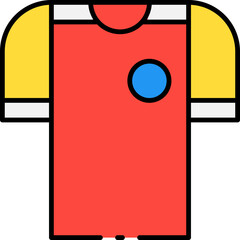 Vibrant flat design vector icon of a red sports t-shirt with yellow sleeves and a blue circle, perfect for athletic apparel, uniform, or casual clothing illustrations