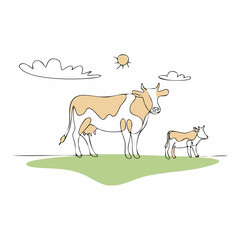 Fototapeta premium Cows on pasture in One continuous line drawing. Milk calf animal grazing symbol and beef meat farm concept in simple linear style.