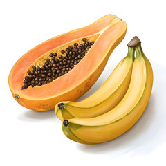 a picture of a papaya and a banana white back