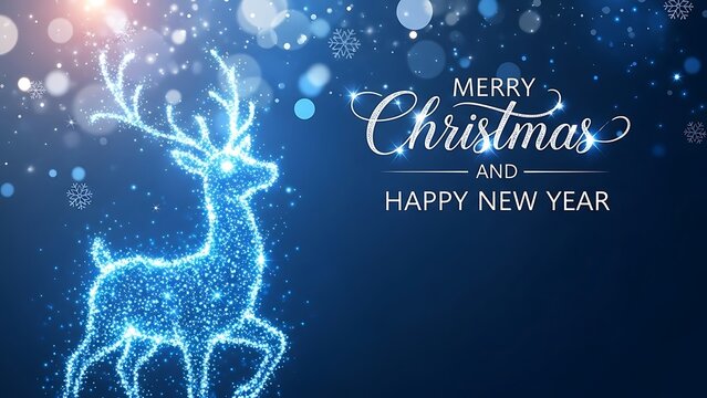 Sparkling blue reindeer emerges from a swirling stardust nebula, wishing joyful winter holidays and new beginnings