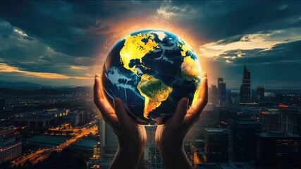 Protecting Earth, hands holding glowing globe above a city skyline at sunset, environmental awareness - Powered by Adobe