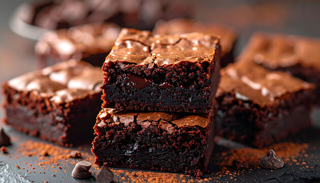 Indulgent Stack of Ultra-Detailed Chocolate Fudge Brownies with a Perfectly Cracked Top, Showcasing Decadent Sweetness and Rich Texture Under Moody Lighting
