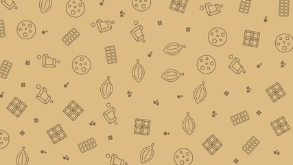 Pattern of chocolate beans bars wafers and cookies ideal for packaging design, food blogs, confectionery advertisements, and kitchen decor.