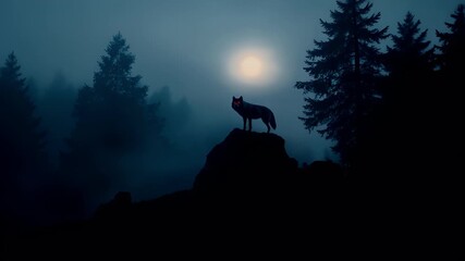 Halloween holiday promotion theme. Spooky scaring. A digital artwork depicting a wolf standing on a rock amidst a misty forest under a full moon. The wolf is depicted in a side profile.