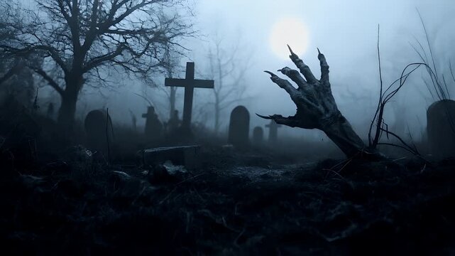Halloween holiday promotion theme. Spooky scaring. A haunting, atmospheric scene set in a foggy graveyard with a large, menacing hand reaching out from the ground. The hand is detailed with sharp.