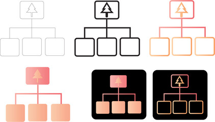 Flat minimalist hierarchical structure infographic featuring a tree symbol with linked boxes, designed with modern gradients and various styles for business organization charts