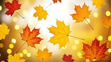 Fototapeta premium Radiant Autumn Dream Golden Maple Leaves Dance Amidst Warm Bokeh Lights, Capturing Seasonal Splendor