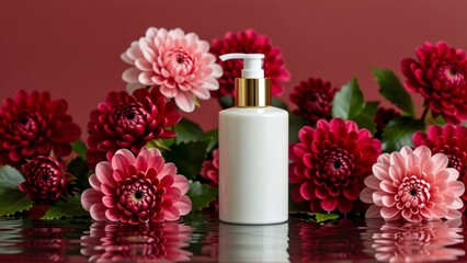white bottle pump dispenser red surface bottle cylindrical shape has gold colored pump top placed center surrounded bunch red pink flowers green leaves flowers arranged symmetrical pattern