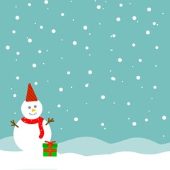 Cute snowman character with gift box and falling snow.  Festive greeting card design with snow and present