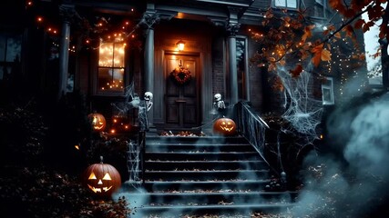 Halloween holiday promotion theme. Spooky scaring. Halloweenthemed digital artwork featuring a haunted house entrance with a ghostly staircase leading upwards. The scene is illuminated by a warm.