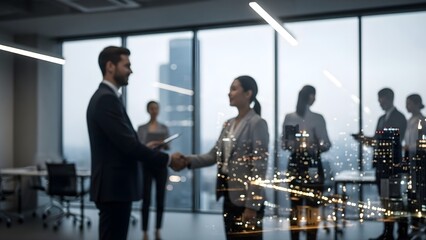 Business professionals shaking hands in a modern office with city lights reflecting on the glass