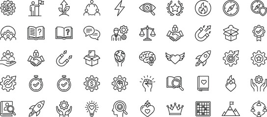 Business icons, education symbols, leadership tools, productivity concepts, teamwork, innovation, growth, motivation, clock, gear,