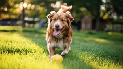 Happy dog running toward camera with ball in mouth in lush green park, playful pet action video - Powered by Adobe