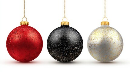 Red Black and Silver Christmas Ornaments Glittering Against White Background