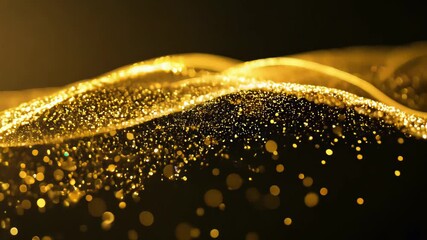 Golden waves shimmer, Sparkling gold particles form undulating shimmering waves scene, Gleaming gold particles undulate across dark background with shimmering highlights and glowing accents - Powered by Adobe