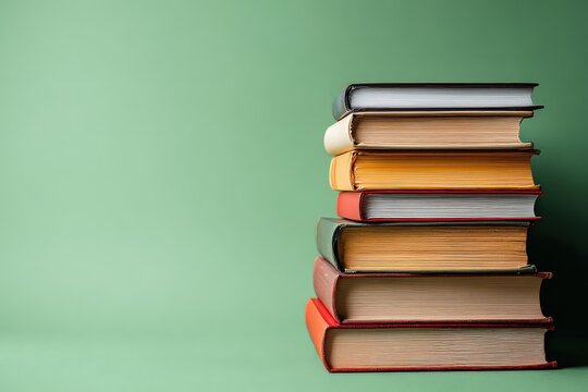 Stack Of Vintage Books On Green Background Providing Educational Concept