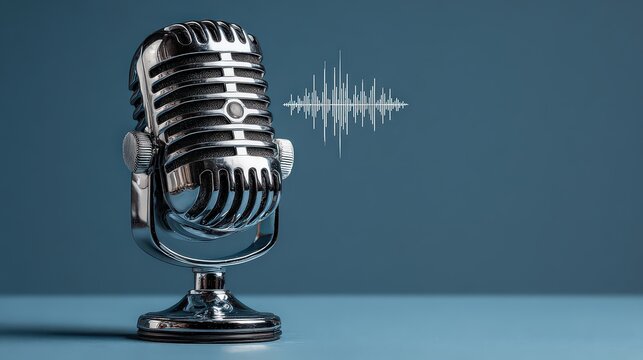 Vintage Silver Microphone Against Blue Background with Sound Wave Illustration