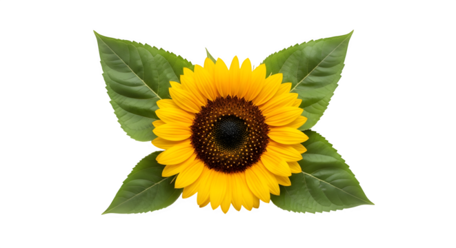 Vibrant sunflower bloom with green leaves isolated on transparent background for design projects