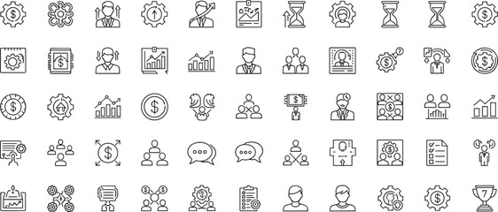 Business icons, finance symbols, analytics tools, pie chart, bar chart, gears, dollar sign, speech bubble, document, organization