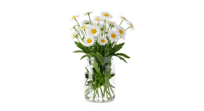 Daisy bouquet in glass vase white petals green leaves isolated on transparent background