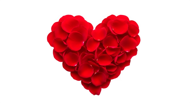 Romantic red rose petals arranged in heart shape isolated on transparent background