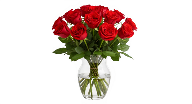 Beautiful bouquet of red roses in a glass vase isolated on transparent background