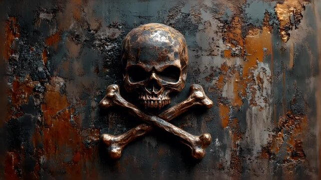 Halloween holiday promotion theme. Spooky scaring. A rusted metal surface with a skull and crossbones emblem. The skull is prominently displayed in the center, with the crossbones on either side.
