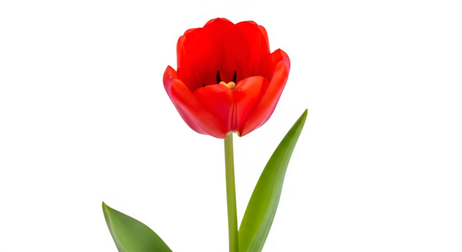 Vibrant red tulip flower close up with green stem isolated on transparent background