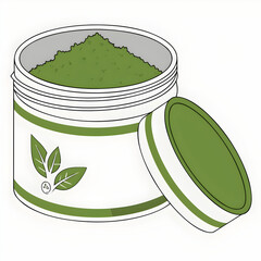 green herbal powder in cylindrical plastic jar mo