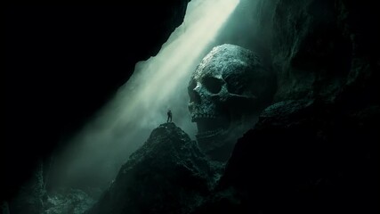 Halloween holiday promotion theme. Spooky scaring. A dark, atmospheric, and atmospheric portrayal of a human skull emerging from a cavernous landscape. The skull is the central focus.