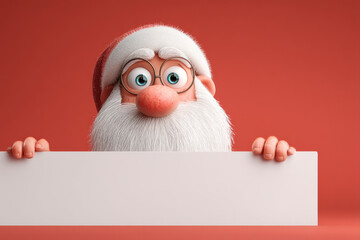 Santa Claus holding blank white sign with red background, festive holiday concept with cheerful expression