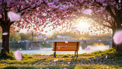 Serene park bench beneath blooming cherry blossom trees with petals falling in the gentle breeze during a golden hour sunset