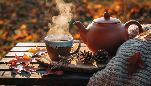 Warm cup of steaming hot tea with teapot on a wooden table amidst autumn leaves and pinecones, creating a cozy fall ambiance
