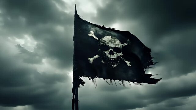Halloween holiday promotion theme. Spooky scaring. A dark, stormy sky with a pirate flag waving in the wind. The flag is black with a white skull and crossbones design.