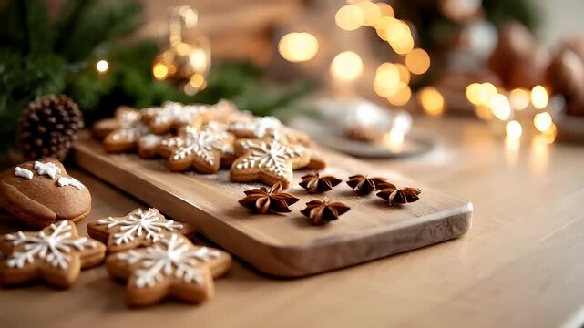 Winter holiday celebration concept. Christmas New Year. A closeup of a wooden cutting board holding several starshaped cookies. The cookies are brown with white icing snowflake patterns.