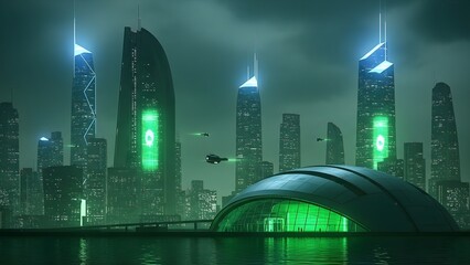 Futuristic metropolis at night with glowing green and blue lights reflecting on water