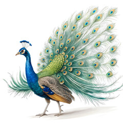 Fototapeta premium majestic peacock displaying vibrant plumage on white