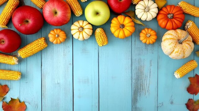 Aerial view of autumnal fruits and vegetables on rustic blue wooden backgroundpumpkin.
