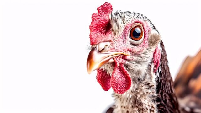 Thanksgiving holiday promotion theme. A closeup of a chickens head and neck, showcasing its vibrant red comb, speckled feathers, and expressive eyes.