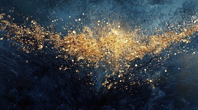 An abstract background featuring a warm golden burst of light and particles against a cold, textured dark blue backdrop. Evokes a sense of magic, energy, and cosmic wonder.