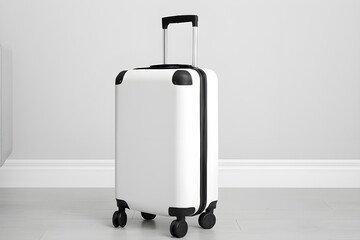 White Hard-Shell Suitcase with Telescopic Handle and Wheels on Minimal Background &ndash; Modern Travel Luggage Concept