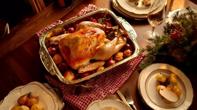 Thanksgiving holiday promotion theme. A festive dining table setting with a roasted turkey and roasted vegetables. The turkey is the central focus, surrounded by a variety of vegetables and fruits.